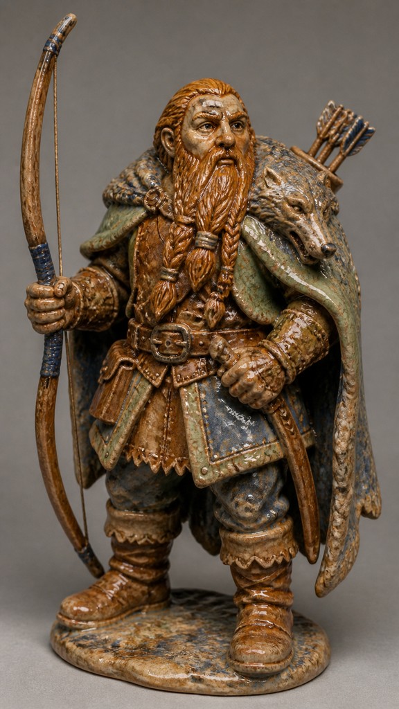 full-body original character: a dwarven ranger with a braided auburn beard, worn leather armor, a longbow and a wolf-pelt cloak, neutral background, no text — Ceramic Sculpture Art Style tabletop character portrait