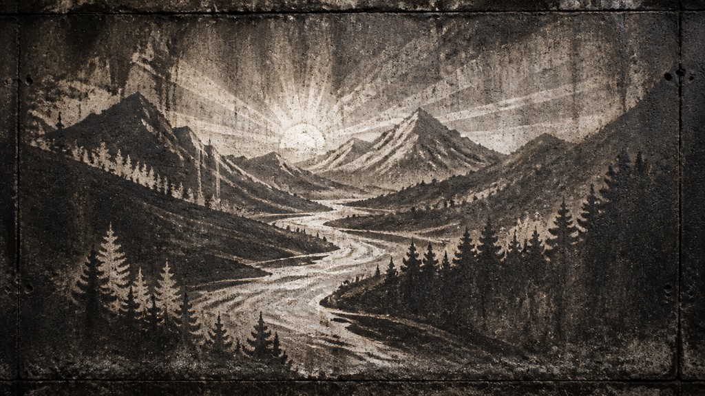 a vast valley with a river winding toward distant mountains at sunrise, no people, no text — Reverse Graffiti Street Art Style desktop wallpaper