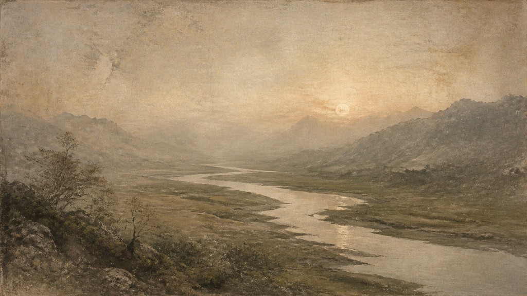 a vast valley with a river winding toward distant mountains at sunrise, no people, no text — Wabi Sabi Art Style desktop wallpaper
