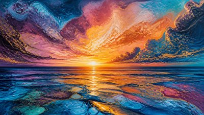 a panoramic ocean horizon with towering clouds at golden hour, no people — Fluid Abstract Art Style wallpaper