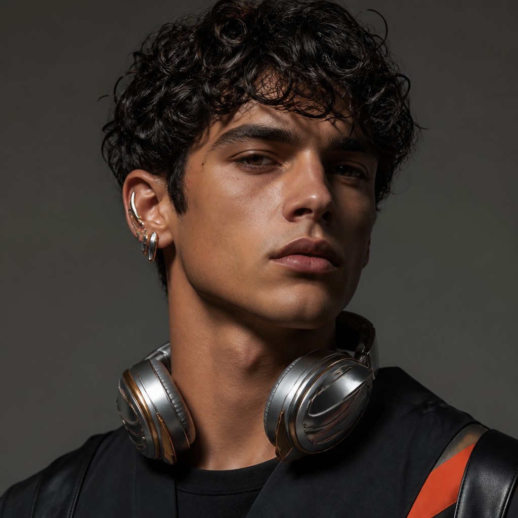 head-and-shoulders portrait of an original character: a young man with curly dark hair and headphones around his neck, plain backdrop, no text — Modern Contemporary Jewelry Design Discord profile picture