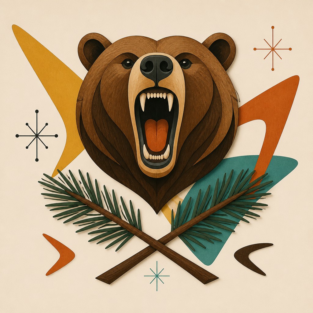 a roaring bear head above crossed pine branches, bold graphic composition on a plain background, no text — Mid-Century Modern Furniture Art t-shirt design