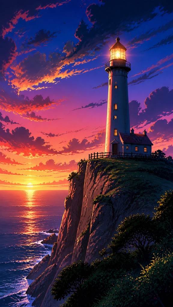 a lone lighthouse on a cliff at dusk under a dramatic sky, no text or lettering — Anime Art Style poster