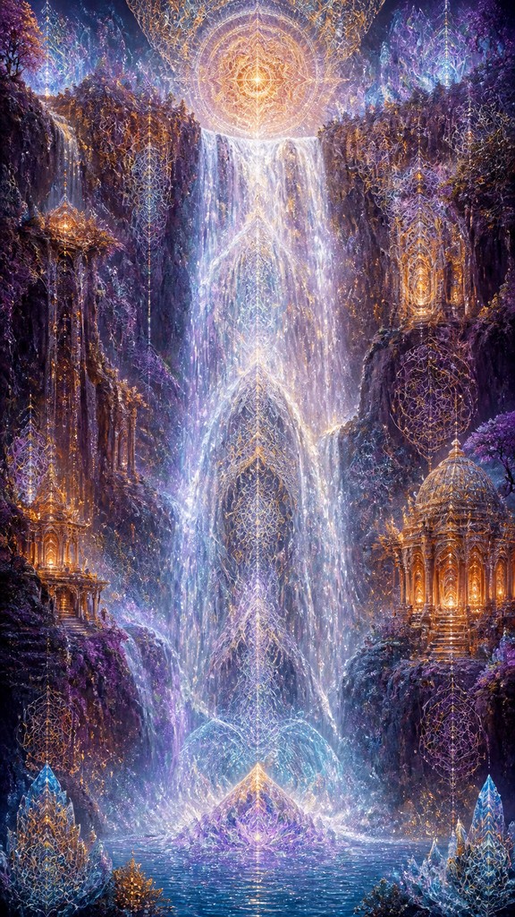 towering waterfall cascading down a cliff — Visionary Art Style