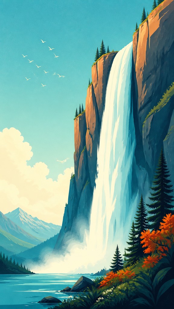 towering waterfall cascading down a cliff — Digital Illustration Portrait Style