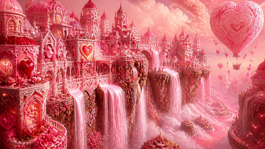 a cliffside city with waterfalls cascading into a misty canyon, wide establishing shot, no people, no text — Lovecore Aesthetic concept art