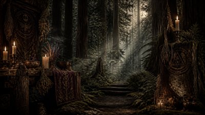 a panoramic redwood forest with light rays through mist, no people — Witchcore Aesthetic wallpaper