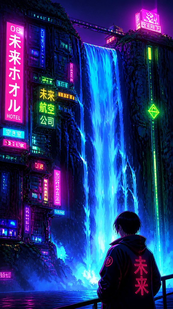 towering waterfall cascading down a cliff — Cyberpunk Neon Anime Art Style