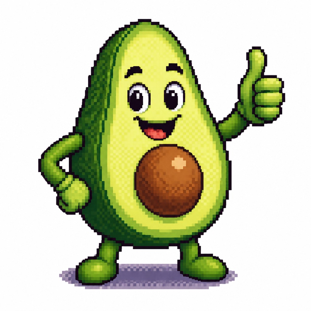 a happy avocado character giving a thumbs up, bold readable design on a plain background, no text — 16-Bit Pixel Art Style sticker
