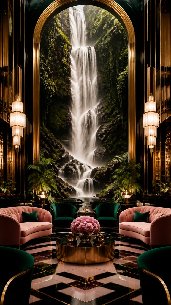 towering waterfall cascading down a cliff — Hollywood Regency Interior Design