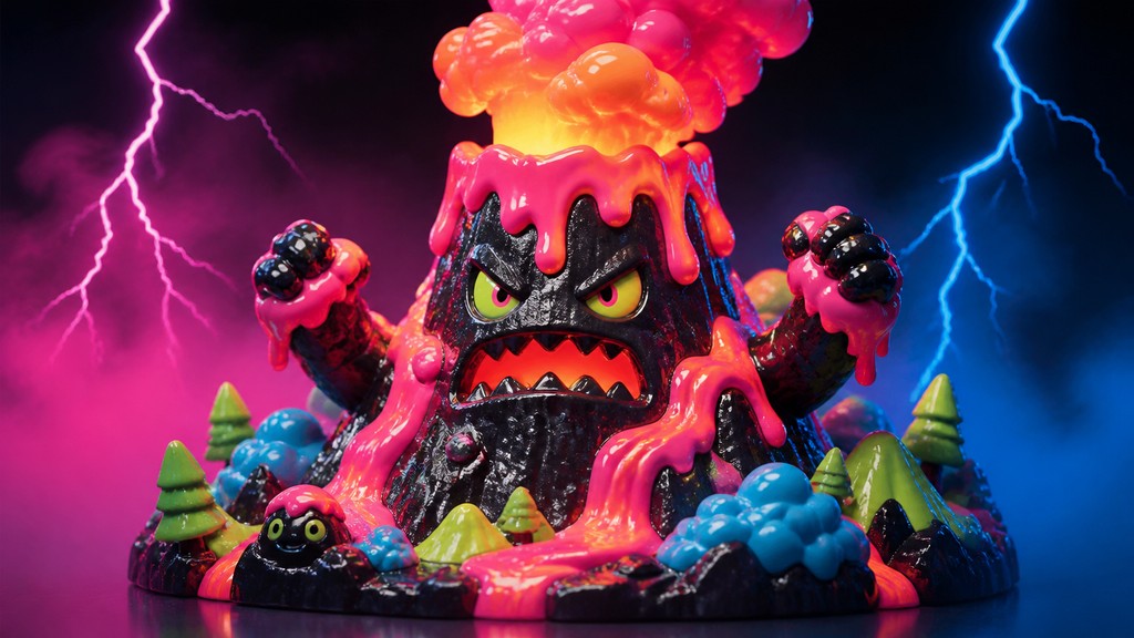 an erupting volcano with lightning strikes, dramatic wide composition, no text — Japanese Toy Art (Sofubi) YouTube thumbnail