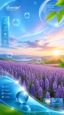 a field of lavender stretching to distant hills at dusk, no people — Frutiger Aero Aesthetic wallpaper