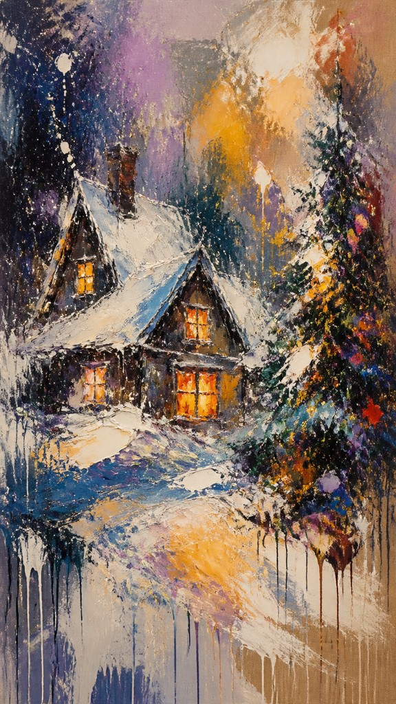 a snow-covered cottage with warm glowing windows beside a decorated pine tree, gentle snowfall, no text — Abstract Expressionism Art Style Christmas card