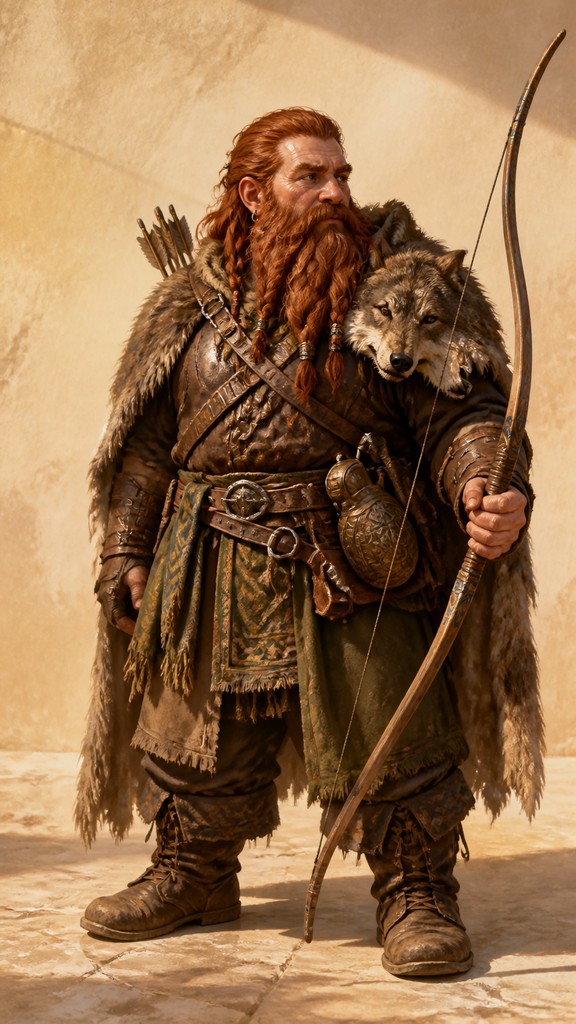 full-body original character: a dwarven ranger with a braided auburn beard, worn leather armor, a longbow and a wolf-pelt cloak, neutral background, no text — Mediterranean Architecture Art tabletop character portrait