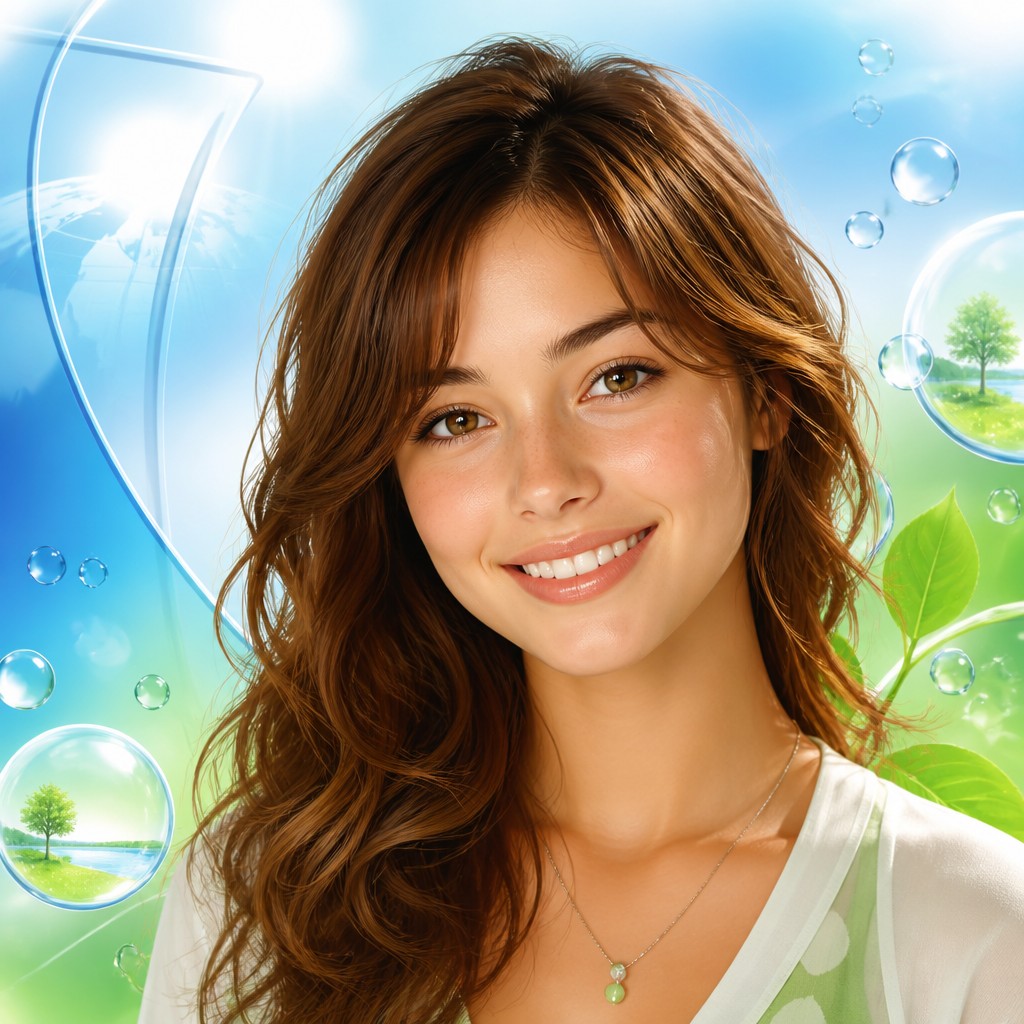 head-and-shoulders portrait of an original character: a young woman with wavy chestnut hair and a warm smile, plain soft backdrop — Frutiger Aero Aesthetic profile picture