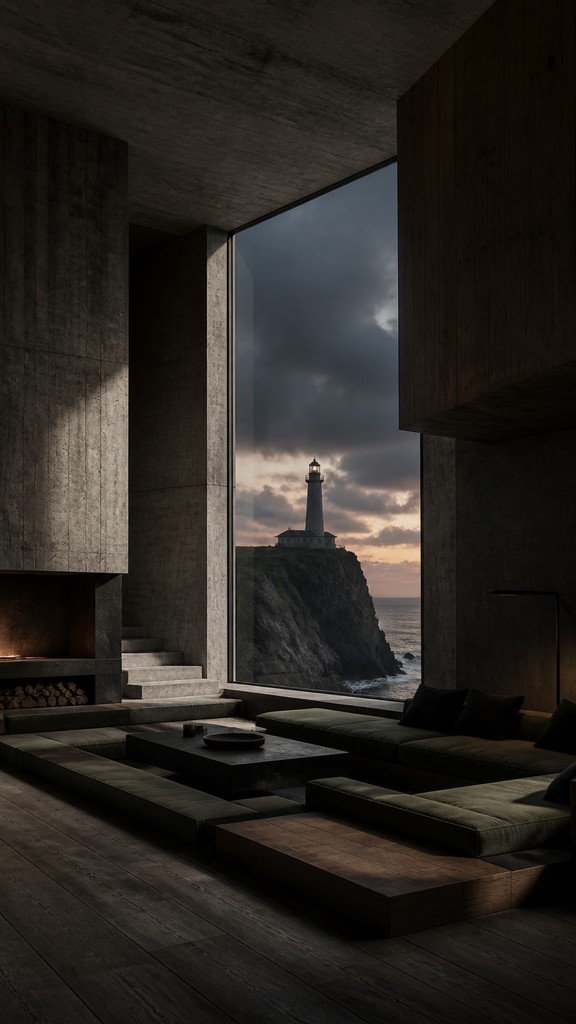 a lone lighthouse on a cliff at dusk under a dramatic sky, no text or lettering — Brutalist Interior Design poster