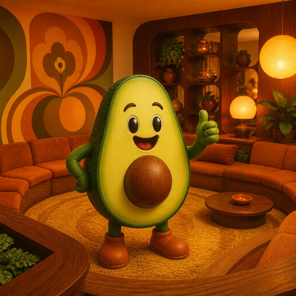 a happy avocado character giving a thumbs up, bold readable design on a plain background, no text — Retro 70s Interior Design sticker