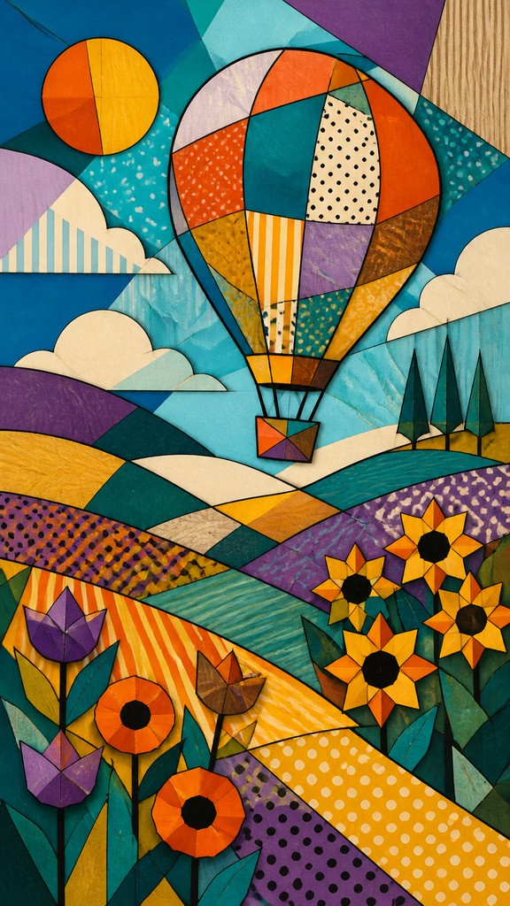 a hot air balloon drifting over rolling flower fields on a sunny day, cheerful, no text — Synthetic Cubism Art Style greeting card