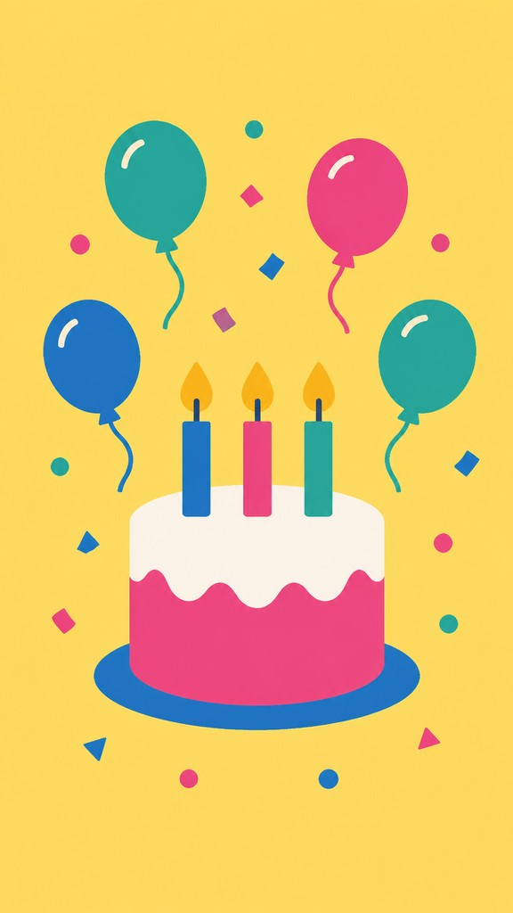 a birthday cake with lit candles surrounded by balloons and confetti, festive vertical composition, no text — Flat Icon Design birthday card