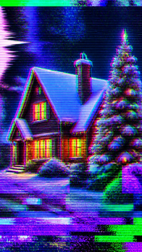 a snow-covered cottage with warm glowing windows beside a decorated pine tree, gentle snowfall, no text — Glitch Digital Art Style Christmas card