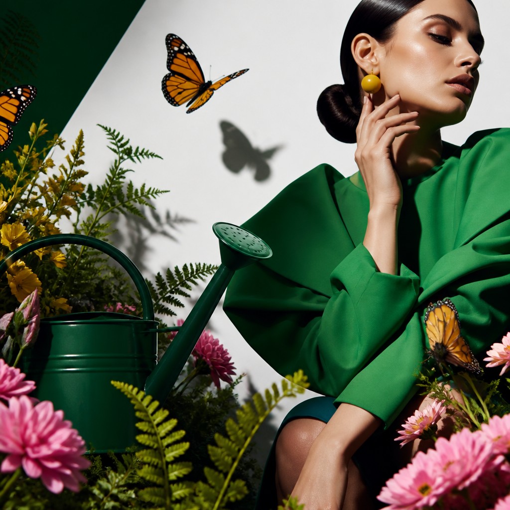 a garden scene with butterflies, flowers and a watering can, clean uncolored line art, no text — High Fashion Photography Style coloring page