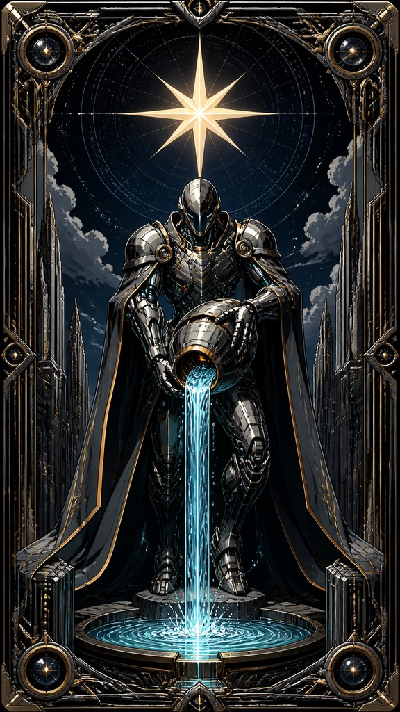 a robed figure pouring water beneath a large eight-pointed star in a night sky, symmetrical composition with an ornate decorative border, no text — Mecha Anime Art Style tarot card