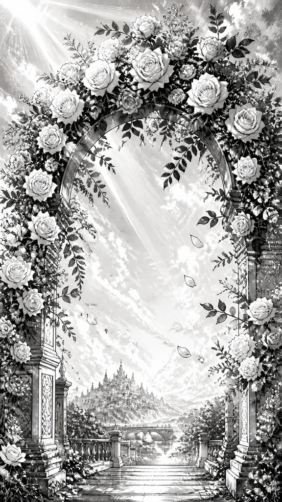an arch of white roses and eucalyptus in soft morning light, elegant vertical composition with open space, no text — Fantasy Adventure Manga Art Style wedding invitation