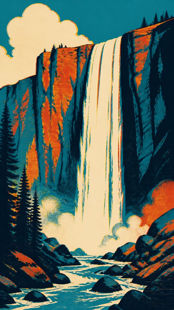 towering waterfall cascading down a cliff — Screen Print Style