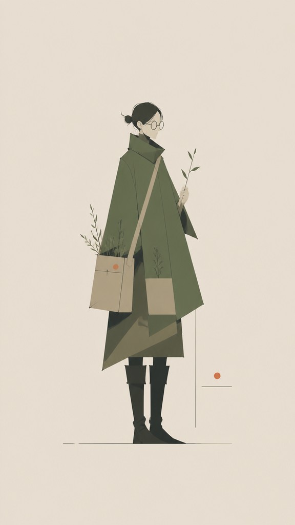 full-body original character: a wandering botanist with a satchel of plants, a patched green cloak, tall boots and round glasses, neutral background — Minimalist Abstract Art Style character design
