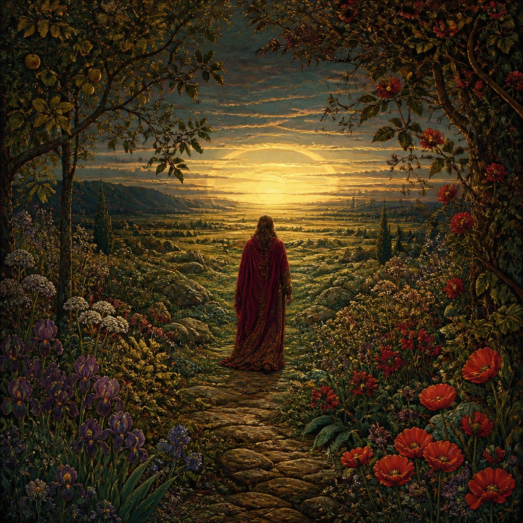 a solitary figure walking toward a glowing horizon across an empty plain, moody atmosphere, no text or lettering — Pre-Raphaelite Art Style album cover