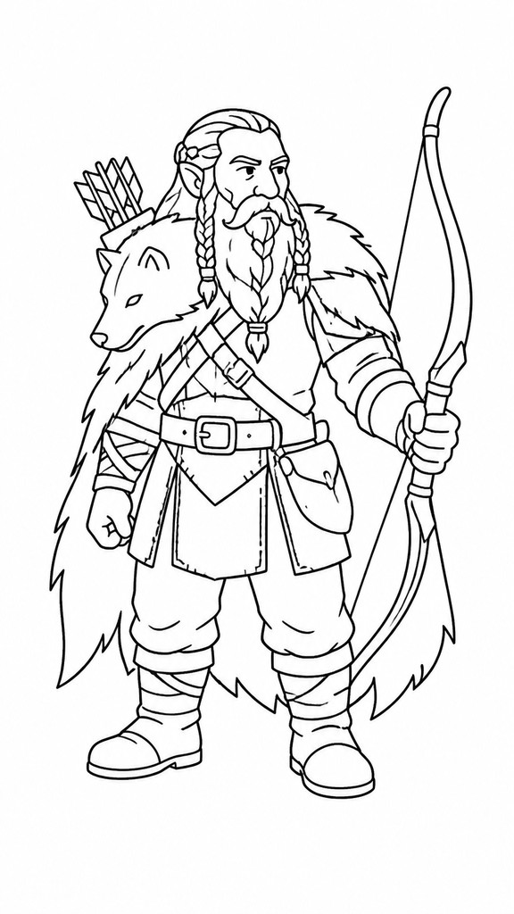 full-body original character: a dwarven ranger with a braided auburn beard, worn leather armor, a longbow and a wolf-pelt cloak, neutral background, no text — Line Art Icon Design tabletop character portrait