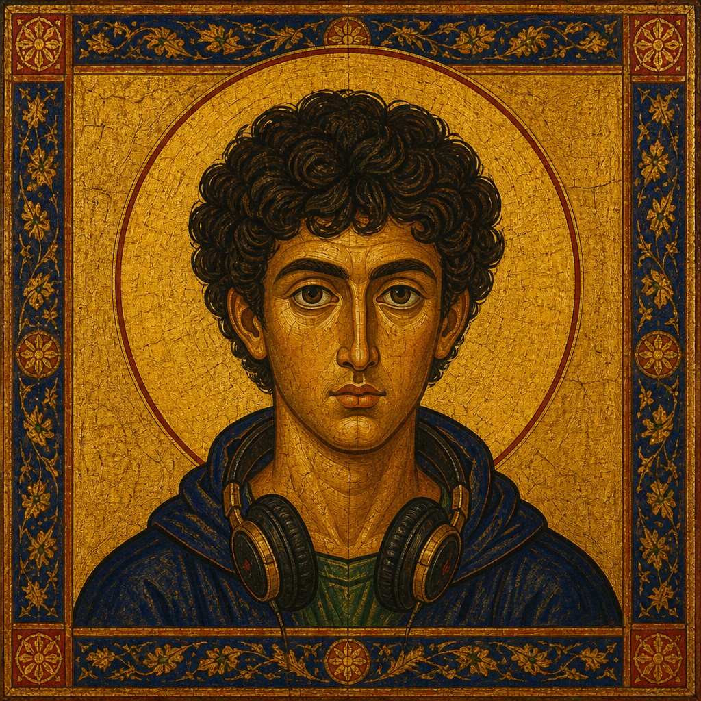 head-and-shoulders portrait of an original character: a young man with curly dark hair and headphones around his neck, plain backdrop, no text — Orthodox Icon Religious Art Discord profile picture