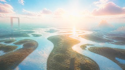 a wide river delta seen from above at sunset, no people — Dreamcore Aesthetic wallpaper