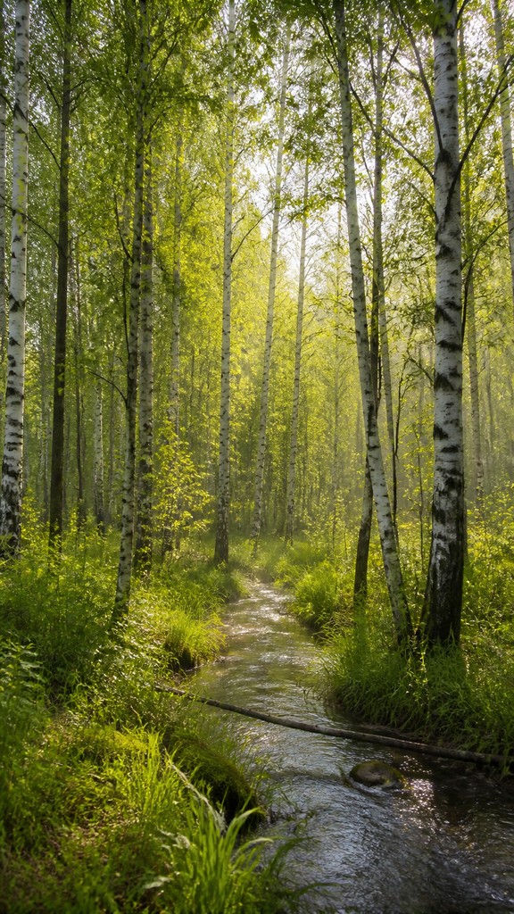 a serene birch forest in soft morning light, no people, no text — Realistic Landscape Art Style wall art print