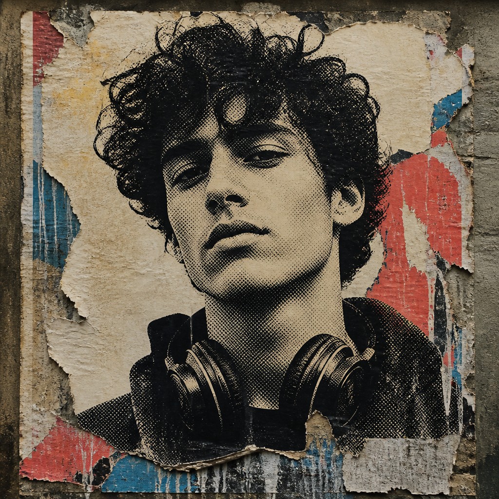 head-and-shoulders portrait of an original character: a young man with curly dark hair and headphones around his neck, plain backdrop, no text — Wheatpaste Poster Street Art Style Discord profile picture