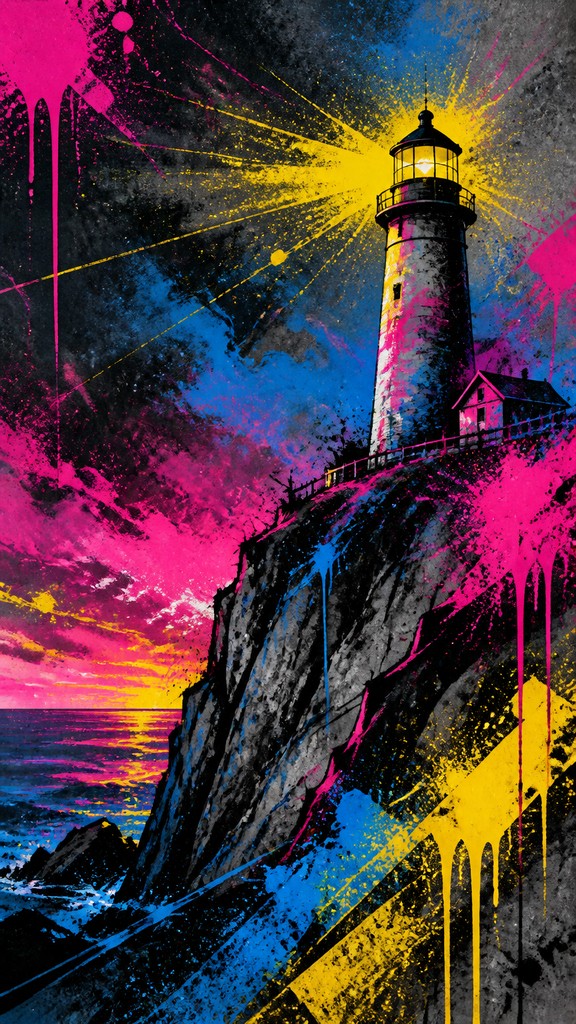 a lone lighthouse on a cliff at dusk under a dramatic sky, no text or lettering — Graffiti Modern Art Style poster