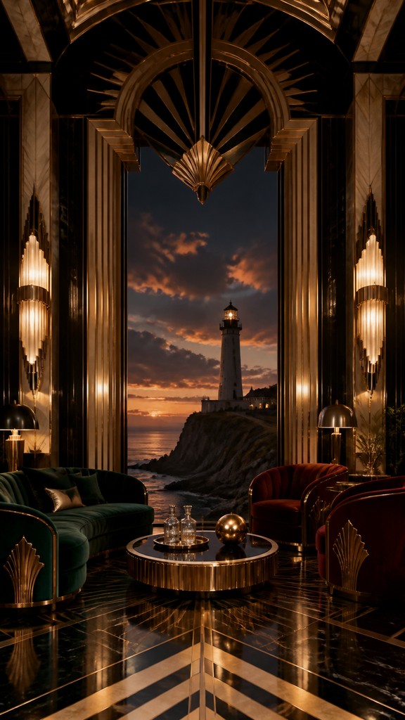 a lone lighthouse on a cliff at dusk under a dramatic sky, no text or lettering — Art Deco Interior Design poster