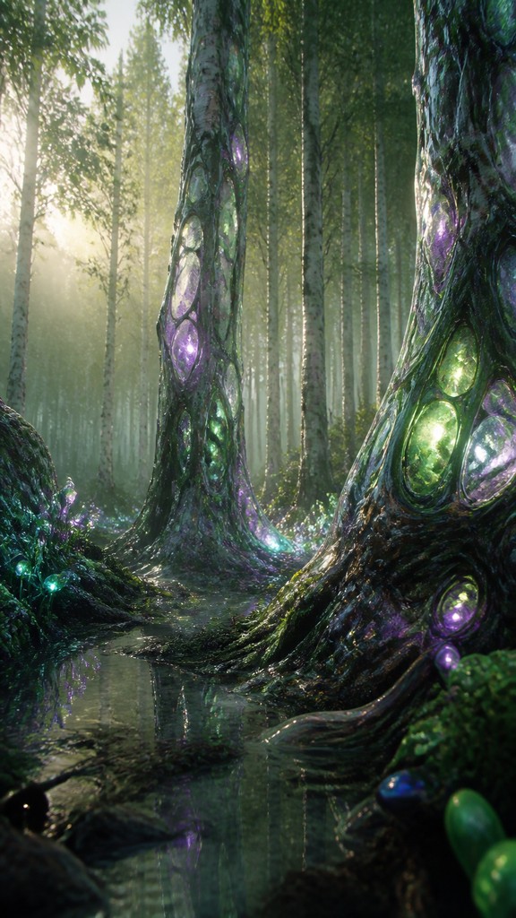 a serene birch forest in soft morning light, no people, no text — Biopunk Sci-Fi Art wall art print