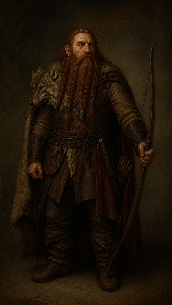 full-body original character: a dwarven ranger with a braided auburn beard, worn leather armor, a longbow and a wolf-pelt cloak, neutral background, no text — Renaissance Portrait Art Style tabletop character portrait