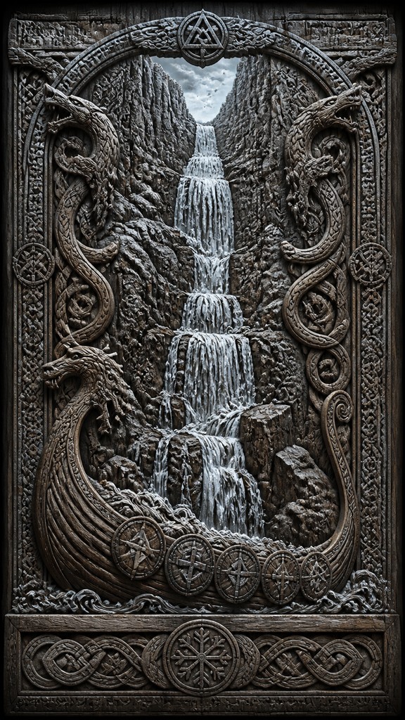 towering waterfall cascading down a cliff — Viking Art Style
