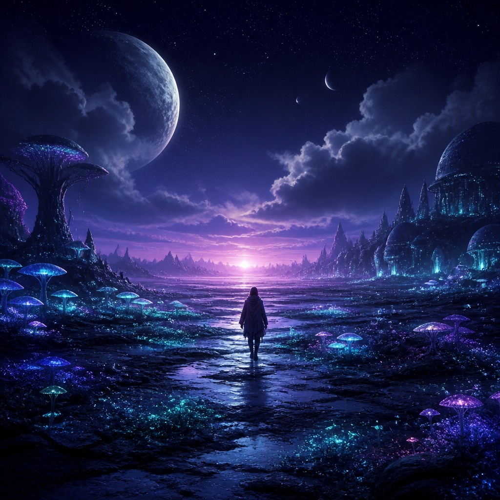 a solitary figure walking toward a glowing horizon across an empty plain, moody atmosphere, no text or lettering — Lunarpunk Aesthetic album cover