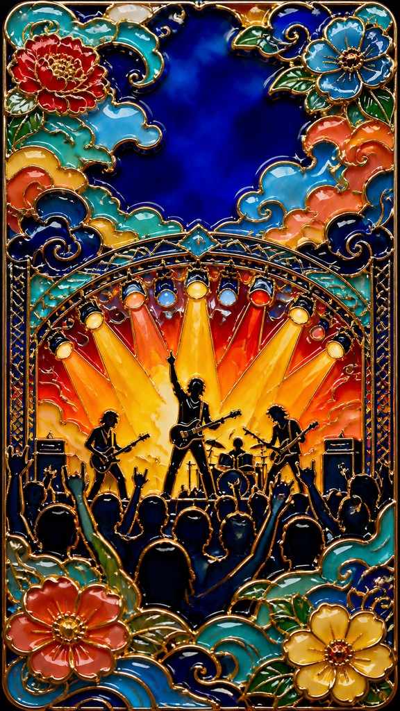 a live music scene with a glowing stage and silhouetted crowd, energetic vertical composition with open space at the top, no text — Enamel Cloisonné Jewelry Design flyer