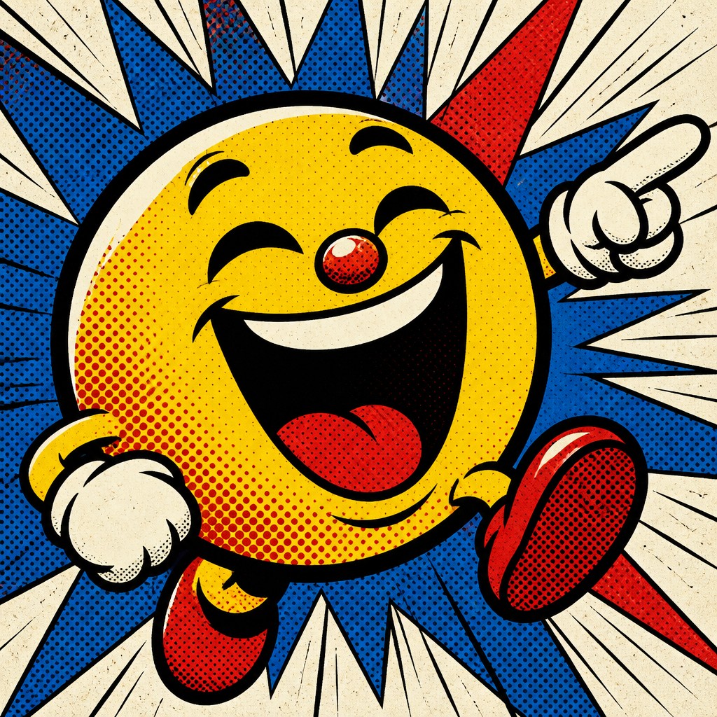 an exaggerated laughing face of an original round mascot character, bold and readable at small size, plain background, no text — Comic Book Pop Art Style Twitch emote