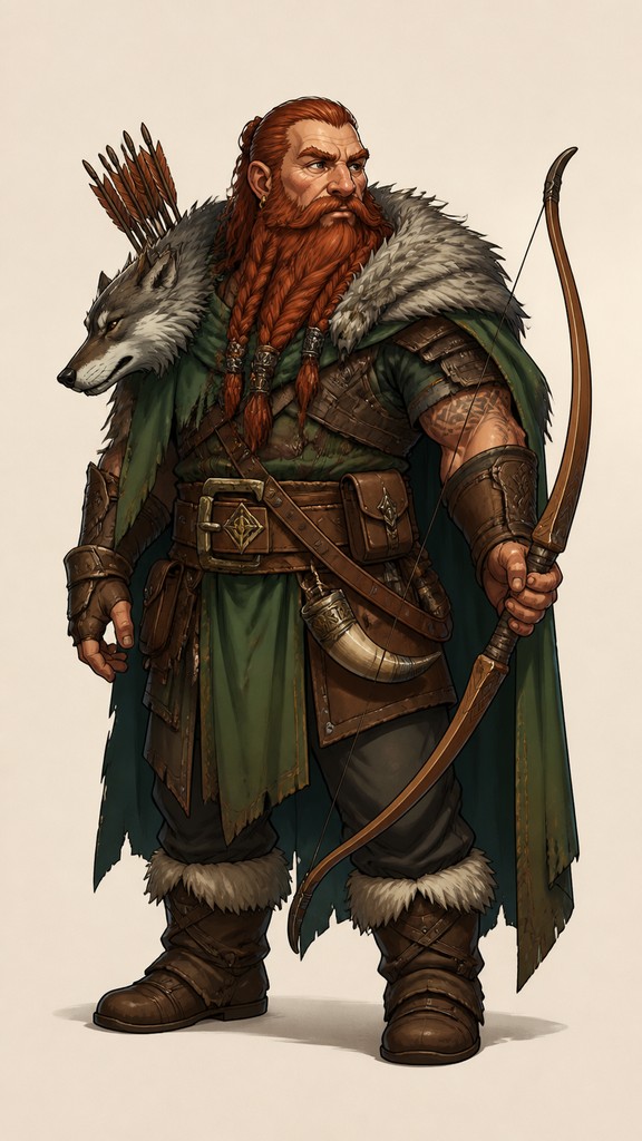 full-body original character: a dwarven ranger with a braided auburn beard, worn leather armor, a longbow and a wolf-pelt cloak, neutral background, no text — Digital Illustration Portrait Style tabletop character portrait