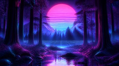 a panoramic redwood forest with light rays through mist, no people — Synthwave Aesthetic wallpaper