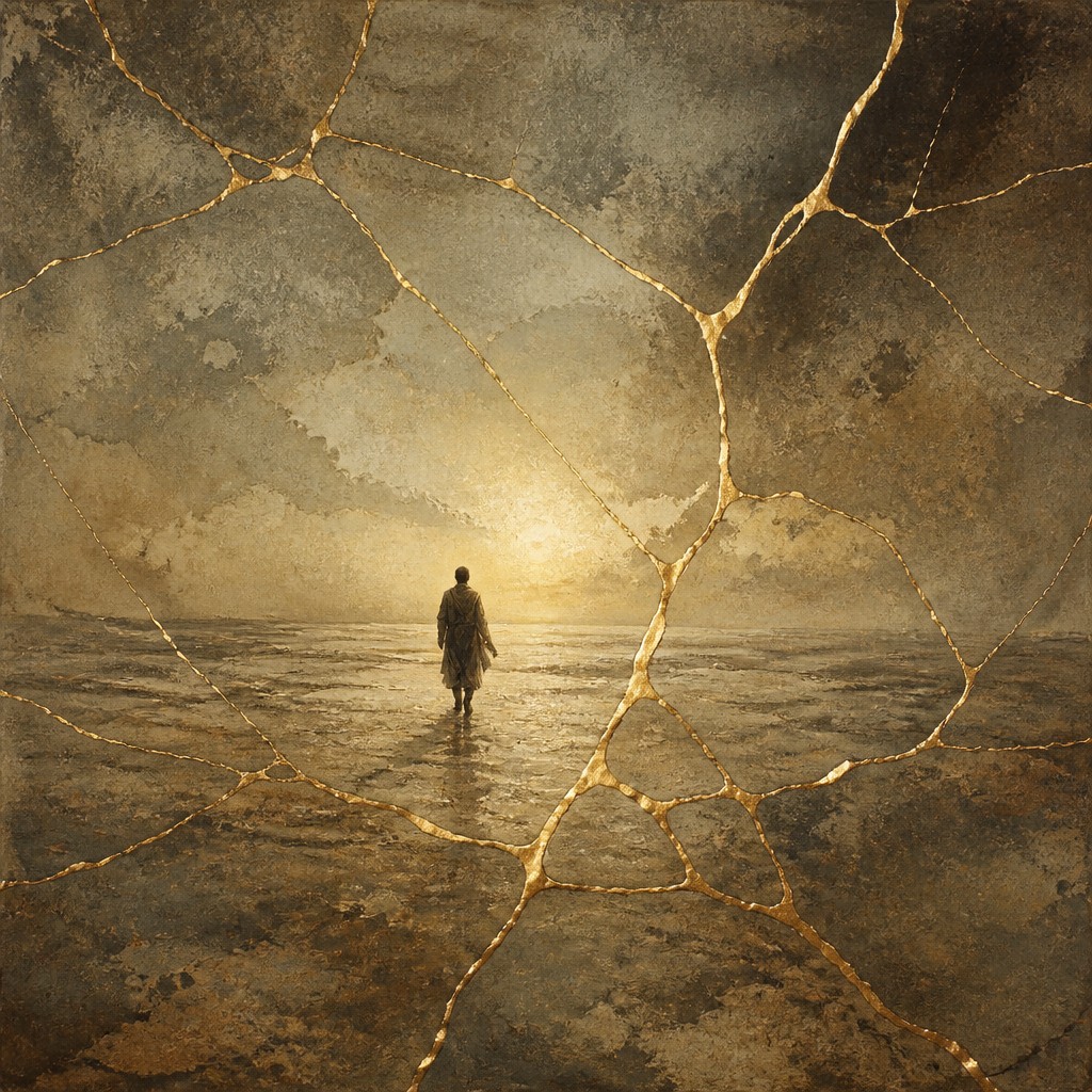 a solitary figure walking toward a glowing horizon across an empty plain, moody atmosphere, no text or lettering — Wabi-Sabi Kintsugi Painting album cover