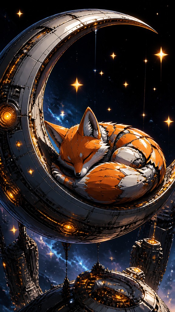 a sleeping baby fox curled on a crescent moon among soft stars, gentle and warm, no text — Mecha Anime Art Style baby announcement