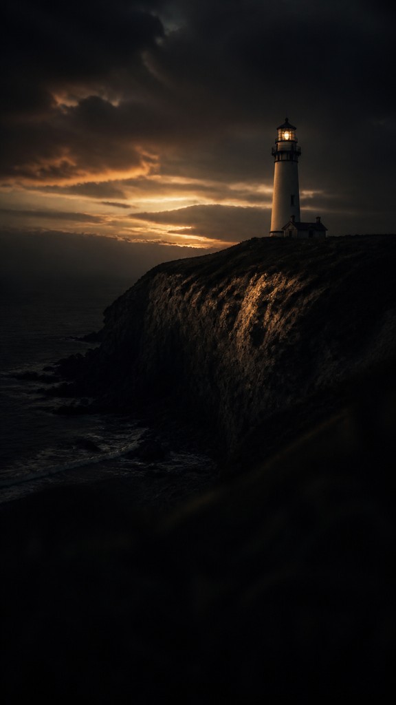 a lone lighthouse on a cliff at dusk under a dramatic sky, no text or lettering — Moody Portrait Photography Style poster