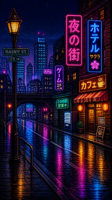 a quiet rainy city street at night reflecting neon signs, no people — 16-Bit Pixel Art Style wallpaper