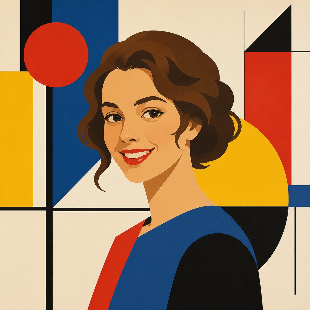 head-and-shoulders portrait of an original character: a young woman with wavy chestnut hair and a warm smile, plain soft backdrop — Bauhaus Art Style profile picture